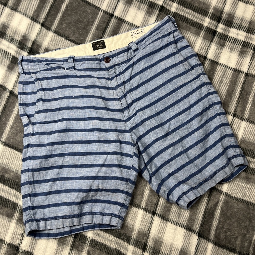 J Crew Stanton Shorts Mens 35x9" Irish‎ Linen Baird McNutt Blue Navy Stripe